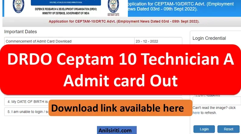 DRDO Ceptam 10 Technician A Admit card Out