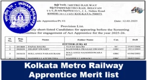 kolkata metro railway apprentice merit list